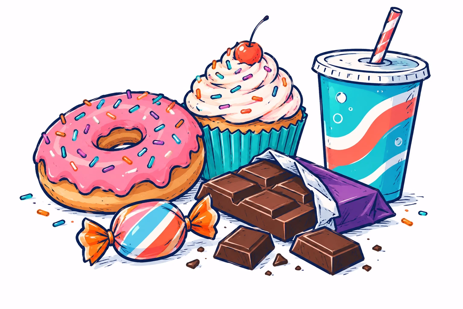 Hand-drawn doughnut, cupcake, candy, chocolate and soda