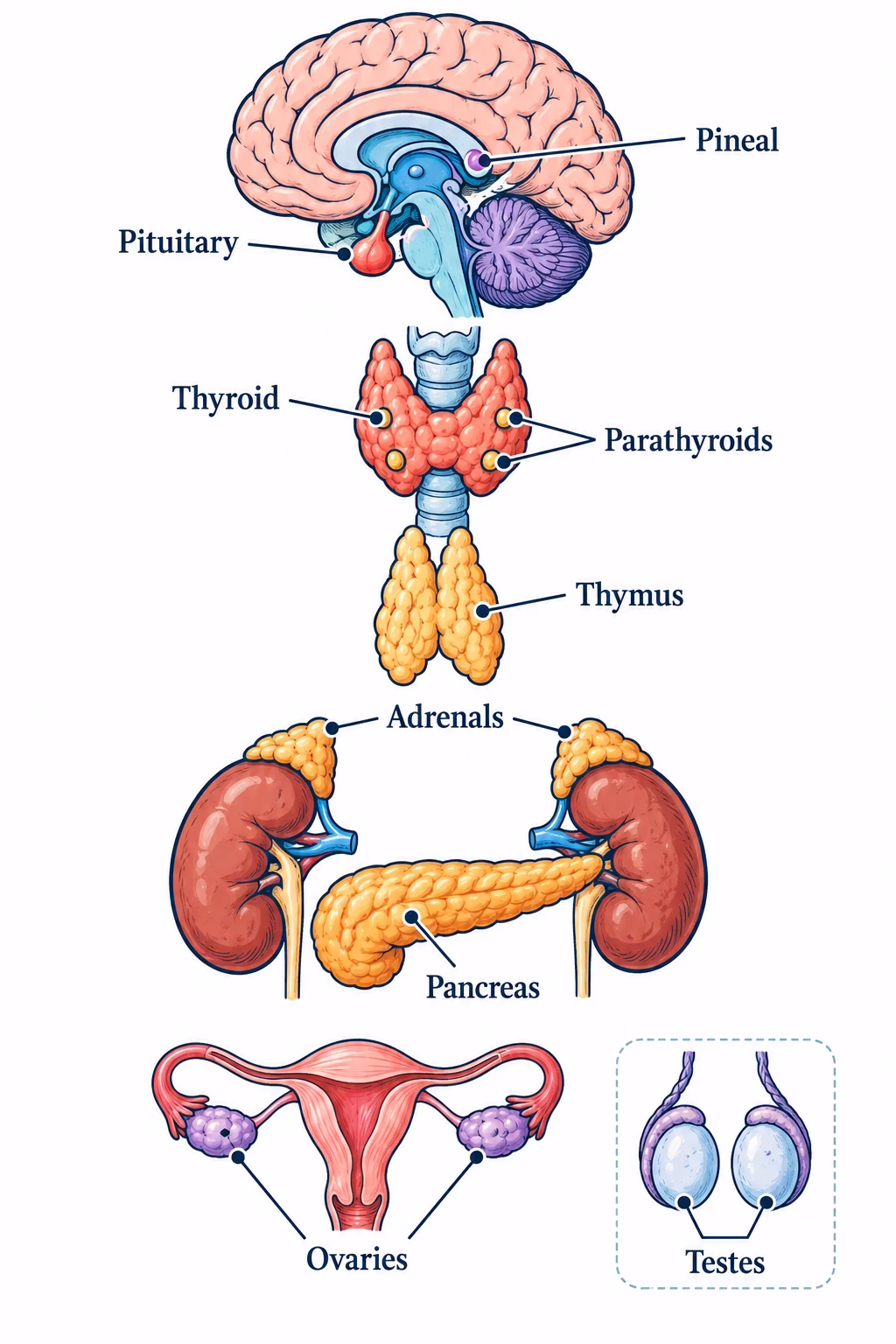 Hand-drawn endocrine organs in approximate anatomical order without a nude figure
