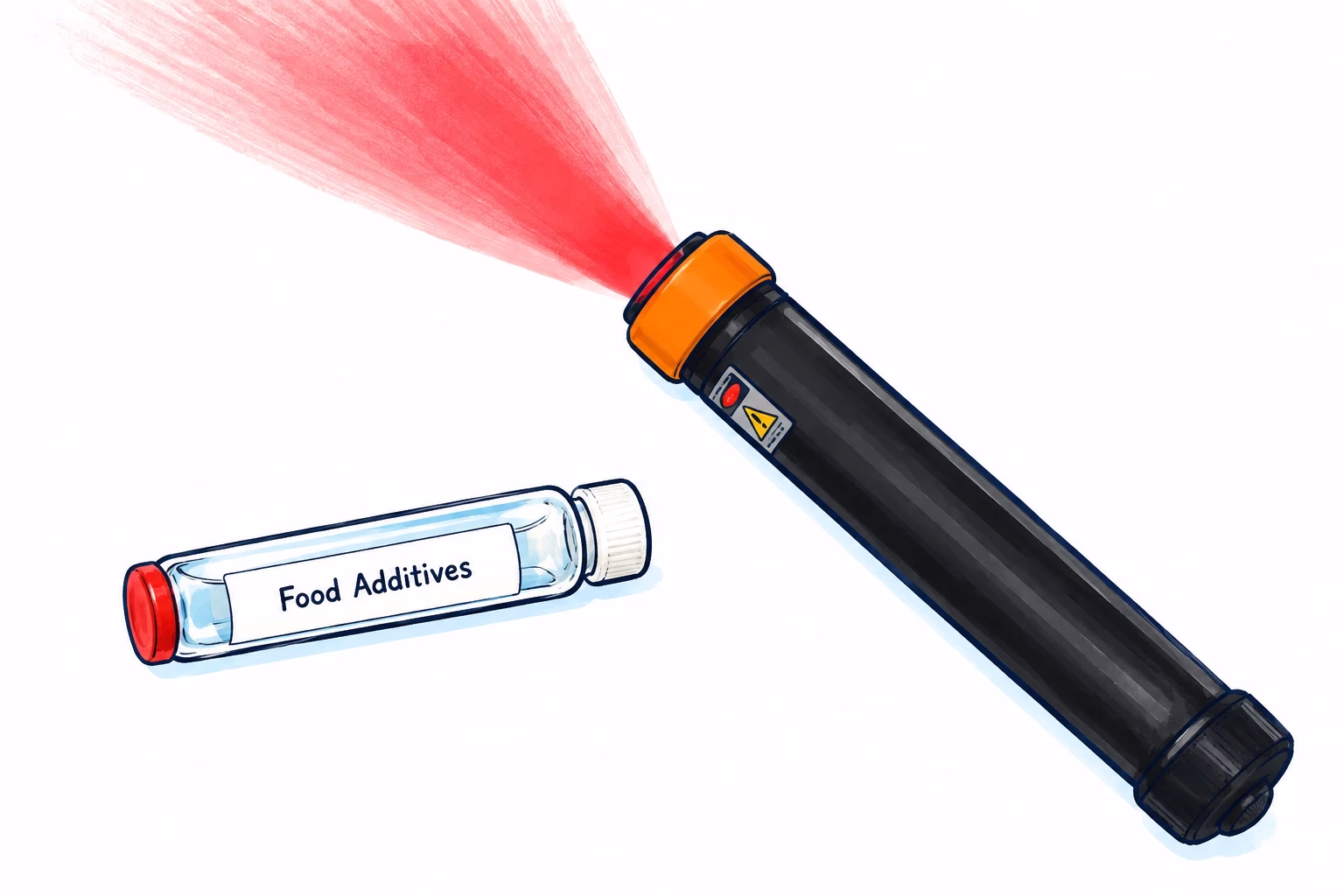 Hand-drawn black laser with orange collar and red light beside the Food Additives treatment vial