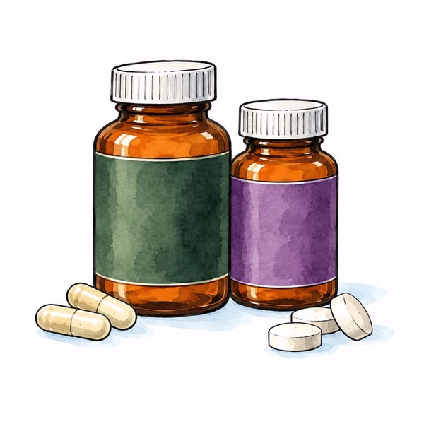 Supplement bottles, capsules and tablets representing clinical nutrition