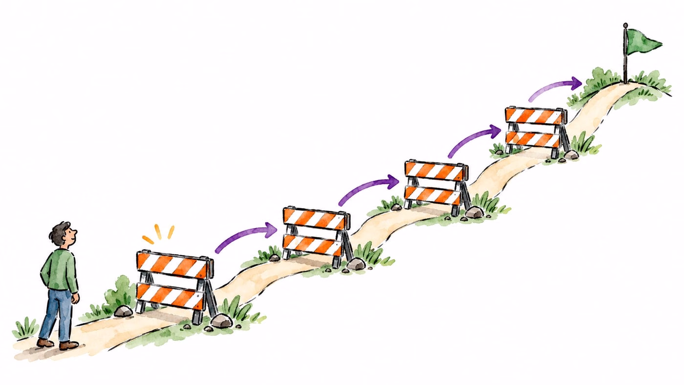 A path passing through four barriers in sequence, with the next barrier highlighted
